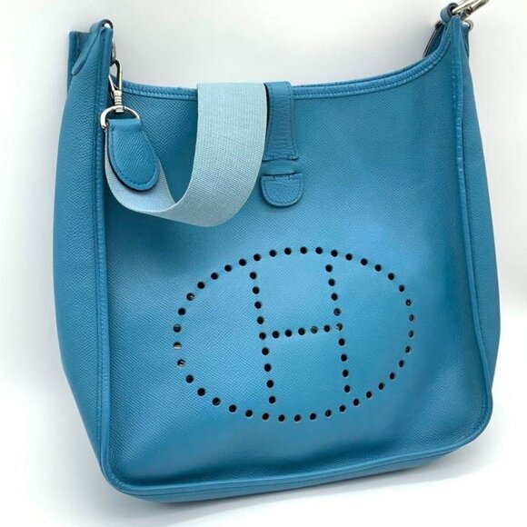HERMES Evelyn GM I Clemence Epsom Leather Blue Jean Shoulder Bag Tote - Picture 1 of 12